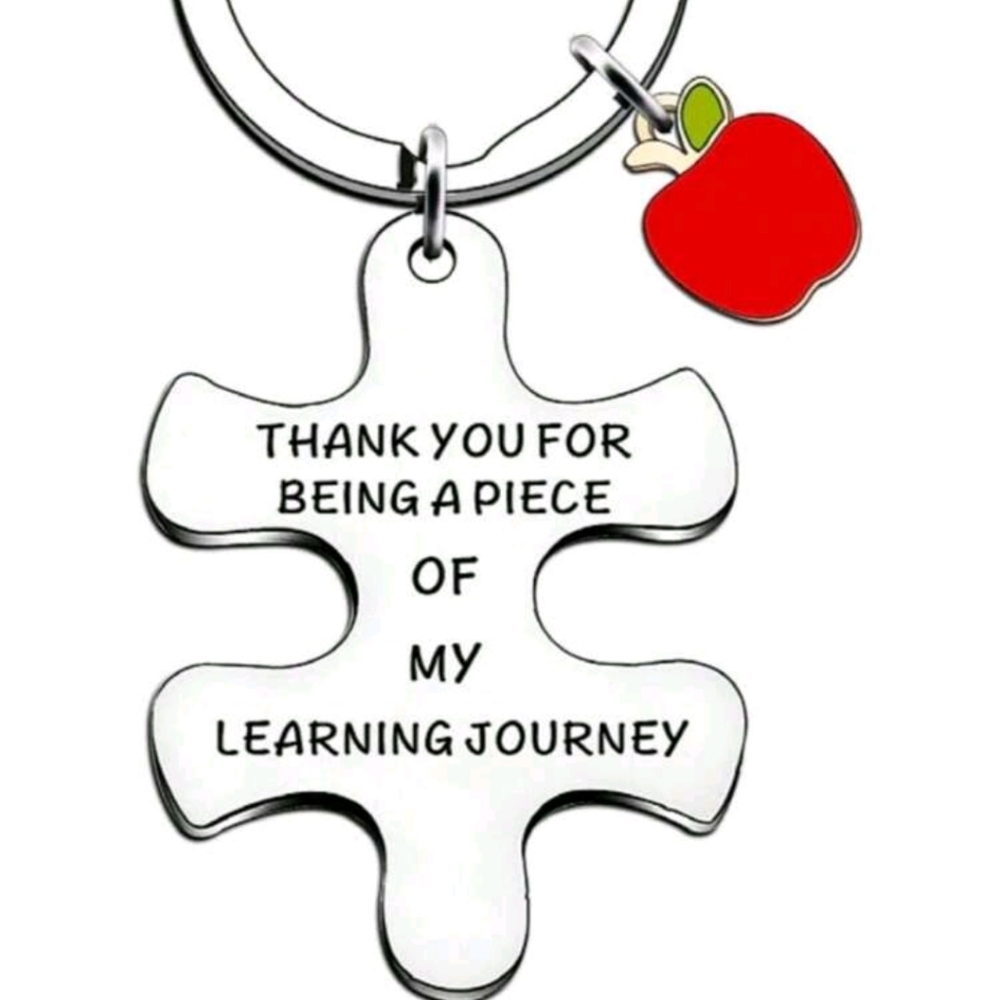 Teacher Silver Puzzle Piece Keychain with Red Apple Charm